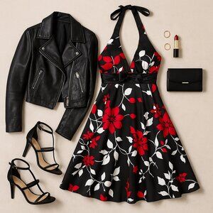 Speechless Floral Halter Babydoll Party Dress Juniors 5 Black/Red/White Y2K